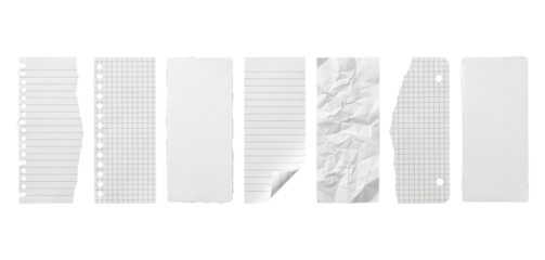 Set of 7 Torn White Paper Sheets Vector isolated PNG with Transparent Background