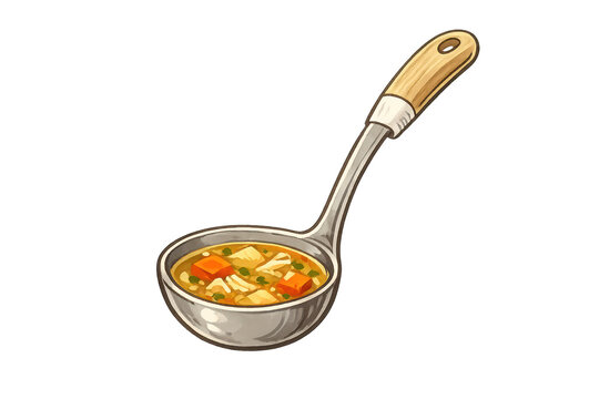 Ladle serving vegetable soup illustration on transparent background.