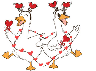 romantic goose cartoon art, cute love goose illustration, valentine goose © VeloonaP