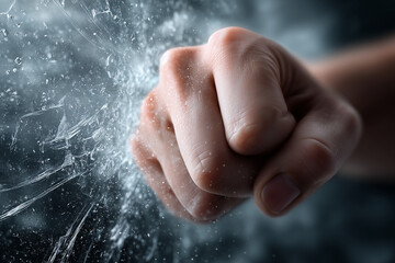 Dynamic fist striking surface with splashes of liquid in motion creating an energetic display. Fist creates impact with water droplets and high-speed action, showcasing strength and intensity.