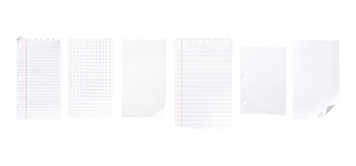 Set of 6 White Lined, Grid, and Blank Paper Sheets isolated PNG with Transparent Background