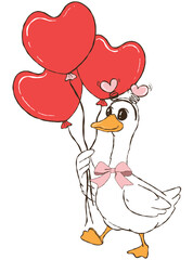 Cute Valentine's Day illustration of a goose carrying a heart-shaped balloon.