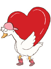 Cute Valentine's Day illustration of a goose carrying a heart.