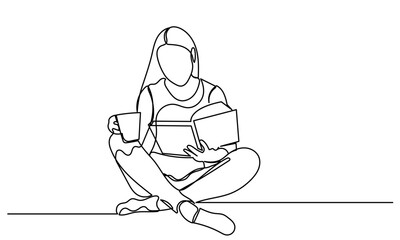 continuous line drawing of a girl drinking tea and reading a book. Minimal line art of a woman sitting cross-legged, reading a book and holding a cup, in a simple modern style. Vector illustration.