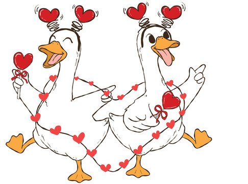 romantic goose cartoon art, cute love goose illustration, valentine goose