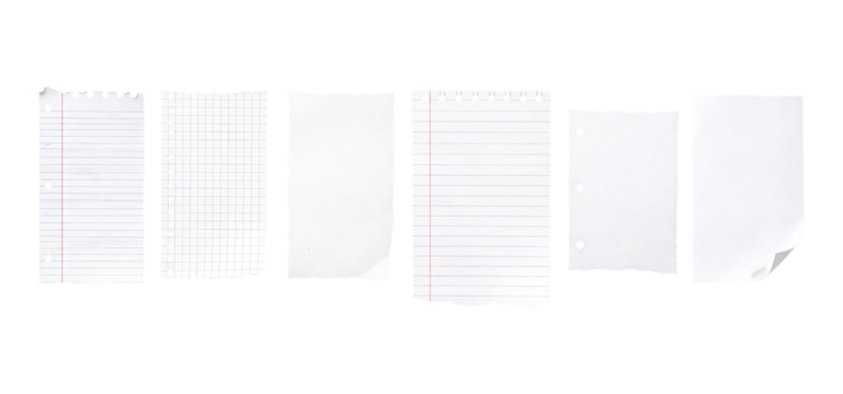 Set of 6 White Lined, Grid, and Blank Paper Sheets isolated PNG with Transparent Background - Powered by Adobe