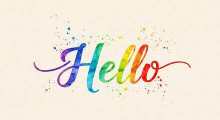 Watercolor "Hello" text in rainbow colors with splash effect on textured paper, represents a friendly greeting and cheerful message, colorful design