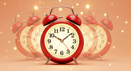 Red alarm clock with white face and hands, shown in a sequence. It represents the passing of time, urgency or deadline, on a soft orange background