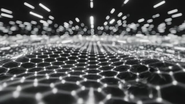 Abstract representation of a graphene structure or molecular lattice with glowing hexagonal patterns in black and white