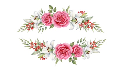 Floral wreath with pink roses isolated on transparent background