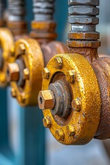 Close Up of Aged Yellow Metal Pipes and Valves