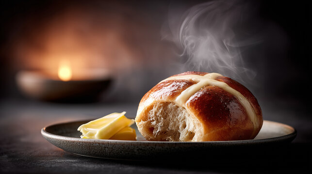 Fresh hot cross bun served on plate with butter and steaming surface, featuring light golden crust and soft texture. Hot cross bun is perfect for seasonal celebrations and family gatherings.
