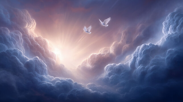 Serene sky with soft clouds illuminated by sunlight and doves in flight, capturing tranquility and hope, perfect for spiritual themes. Serene sky conveys peaceful atmosphere for inspiration.