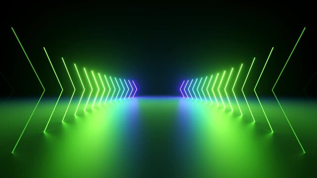 looping 3d animation, abstract minimalist geometric background. Blue green flashing neon counter arrows approaching, linear graphics leading to the center. Opposition concept