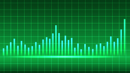 Glowing green bar graph on grid background represents data analysis and growth trends