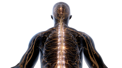 human nervous system anatomy with glowing spinal cord and neural pathways detailed medical visualization isolated on white background