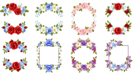 Floral wreaths and frames set isolated on transparent background