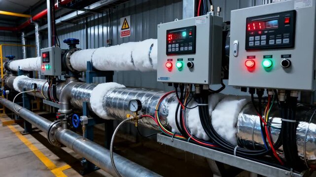 Medium shot focusing on control panels and monitoring devices for electrical heat tracing systems deployed on pipelines in an industrial setting.