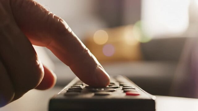 Closeup of a finger pressing a television remote control button with a blurry background and sunlight.