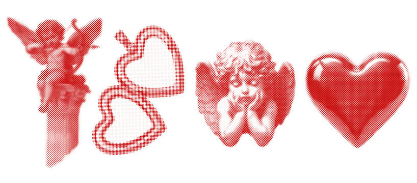 Valentine elements. Cupid with bow on antique column, heart pendant, and romantic symbols in red halftone style for festive design isolated on PNG background.