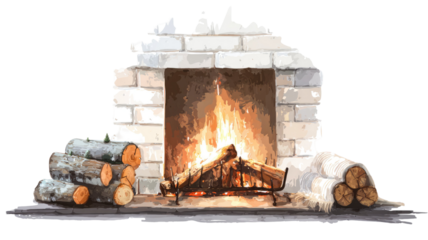 A warm fire in the fireplace burns bright logs on the stone hearth to provide heat for the cozy brick interior of the winter home