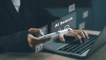 AI search engine interface with smart digital icons representing optimization, data analysis, and technology innovation, used by a businessman on smartphone and laptop for business solutions.