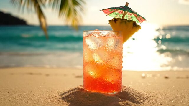 Vibrant tropical drink with ice, a pineapple slice, and an umbrella, on golden beach sand with the ocean in the background, evoking a refreshing summer vacation
