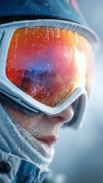 Close-up ski goggles covered with snow and ice crystals, mirrored lens with blue and orange reflection, winter sports equipment in falling snow, copy space