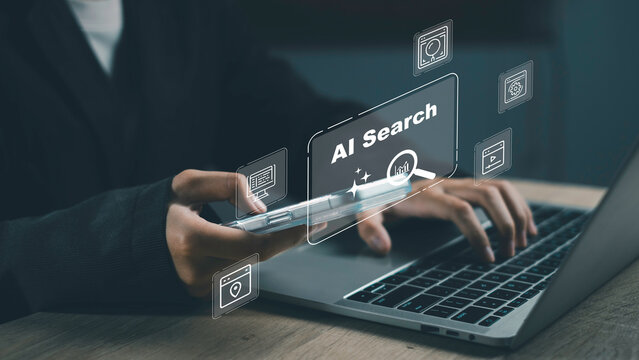 AI search engine interface with smart digital icons representing optimization, data analysis, and technology innovation, used by a businessman on smartphone and laptop for business solutions. - Powered by Adobe