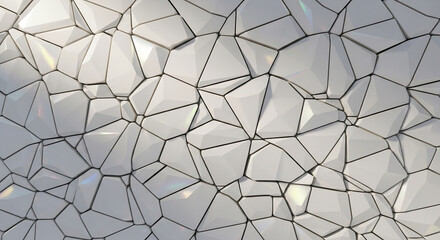Irregular polygonal shapes in white, a mosaic of facets with subtle lighting, representative of abstract design, modernity, or structural complexity
