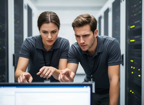 Two IT professionals analyzing data on computer screen in server room - Powered by Adobe