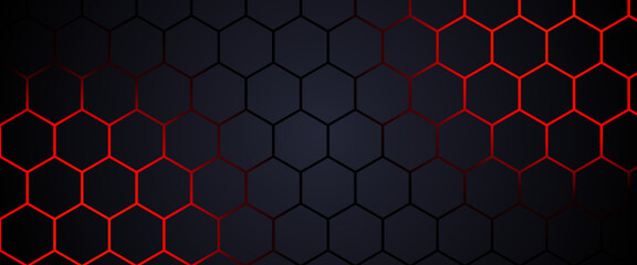 Futuristic hexagon technology background with glowing red edges on dark gradient. Abstract dark hexagon pattern on red neon background technology style. © Mamank Mr