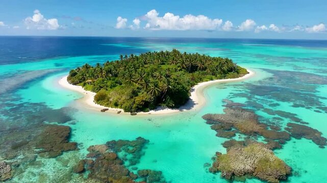 Aerial View of Pristine Tropical Island Surrounded by Turquoise Ocean and Coral Reefs Under Blue Sky.
