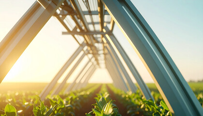 Agricultural Irrigation System: An irrigation system is working efficiently in a agricultural field, bringing life and vitality to a field of crops under the warm glow of the sun.