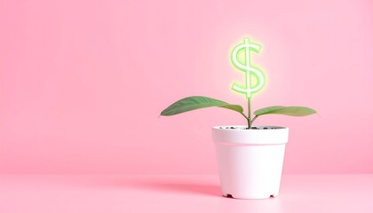 A surreal scene of a small plant growing a neon dollar sign in a white pot on a pink surface