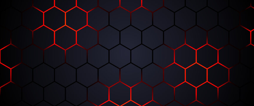 Futuristic hexagon technology background with glowing red edges on dark gradient. Abstract dark hexagon pattern on red neon background technology style.