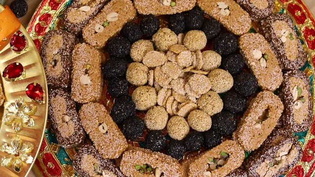 Assorted Makar Sankranti Or Lohri Mithai Authentic Gulab Gajak, Pista Gazak, Til Patti Or Papdi, Til Laddu Or Ladoo, Revdi And Rewri Is Made Of Tilgul, Mungfali, Sesame Seed, Jaggery Gud, Badam, Pista