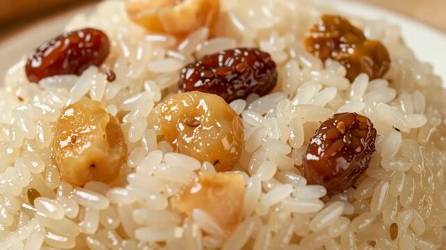 Macro close-up of traditional Chinese eight treasure rice dessert