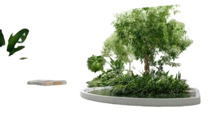 modern interior garden with lush green trees plants and water features minimalist landscaping isolated on white bbackground