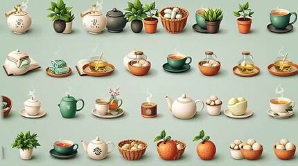 An organized grid showcases a delightful collection of tea sets, potted plants, and traditional snacks against a soft, pastel green background.
