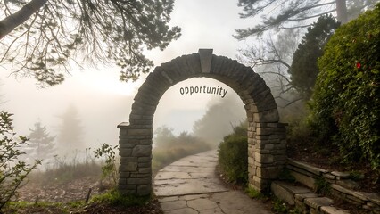 Stone archway with the word opportunity leading to a foggy path in a garden.