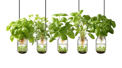 Fresh green peas and a vibrant plant in a pot with organic mint and basil leaves create a healthy aromatic display of growth isolated on white