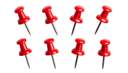 Eight red push pins, evenly spaced, slightly angled on a black background