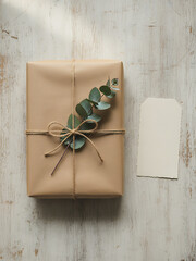 Sustainable Valentine's Day Gift Wrapped in Kraft Paper with Green Foliage and Twine, Eco-Friendly Holiday Concept