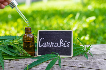 Cannabis supplements extract and oil. Selective focus.