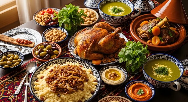 Abundant middle eastern feast with roasted chicken and couscous