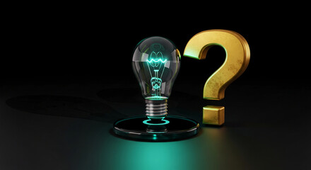 Illuminated lightbulb and golden question mark on dark surface, representing curiosity, inquiry, and finding solution for problem, free space available