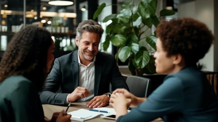 A business meeting video scene captured at eye level, showcasing a diverse team in discussion around a table in a modern office setting. - Powered by Adobe