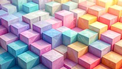 Obraz premium An array of pastel-colored cubes stacked in a stair-step pattern with subtle light variations and soft textures