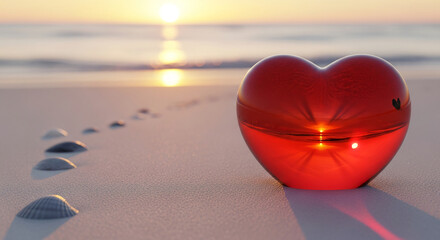 Red heart-shaped glass on sandy beach with shells at sunset, reflecting the sun. It represents love, romance, Valentine's Day and peacefulness